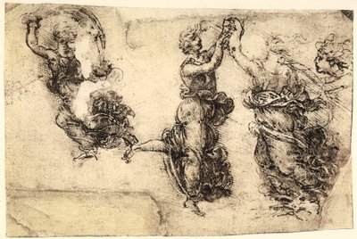Studie einiger tanzender weiblicher Figuren; Federzeichnung auf Papier, das von Leonardo da Vinci gelb geworden ist und in der Galerie der Akademie, Venedig, aufbewahrt wird von Leonardo da Vinci